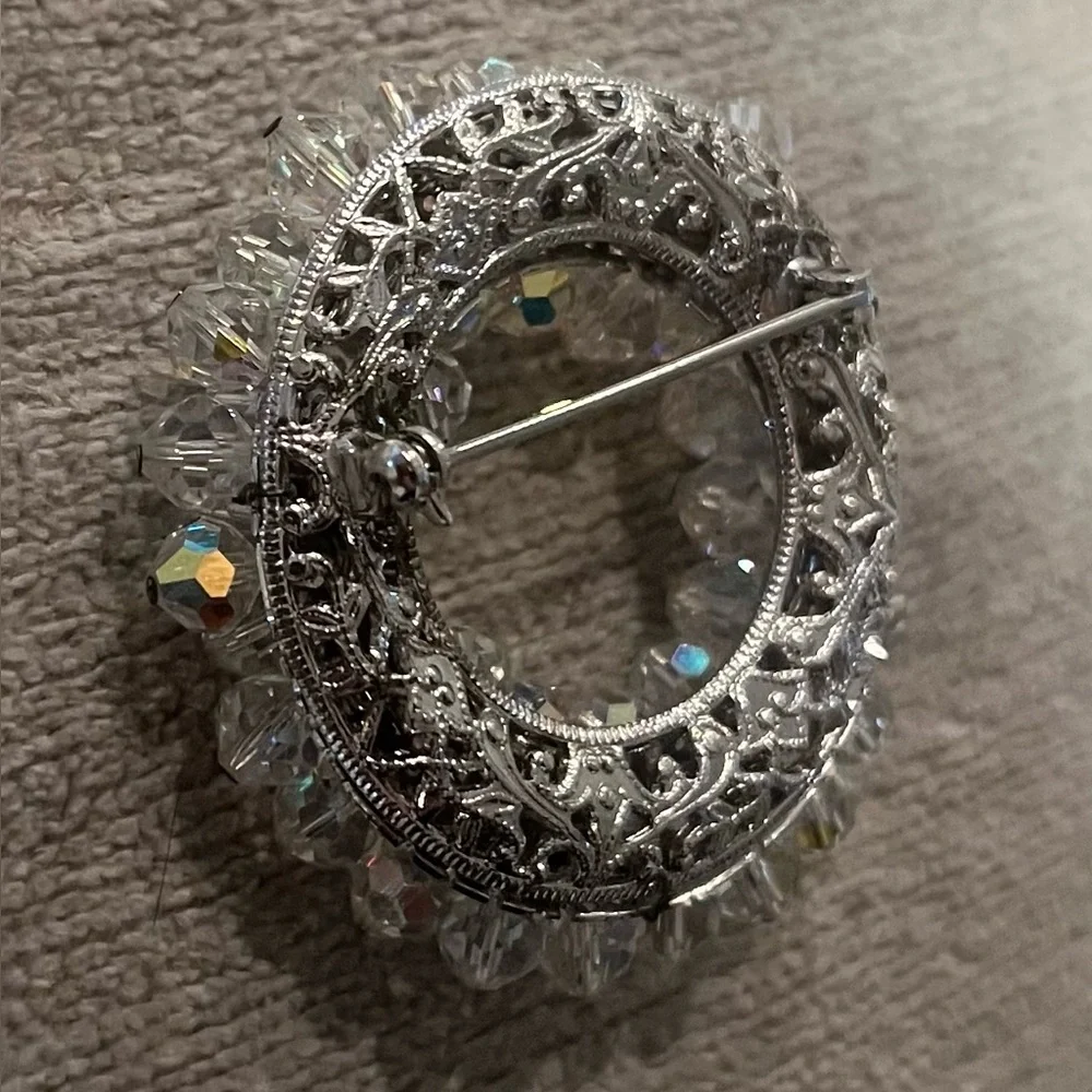 Vintage Clear Round Aura Borealis Crystal Silver Brooch